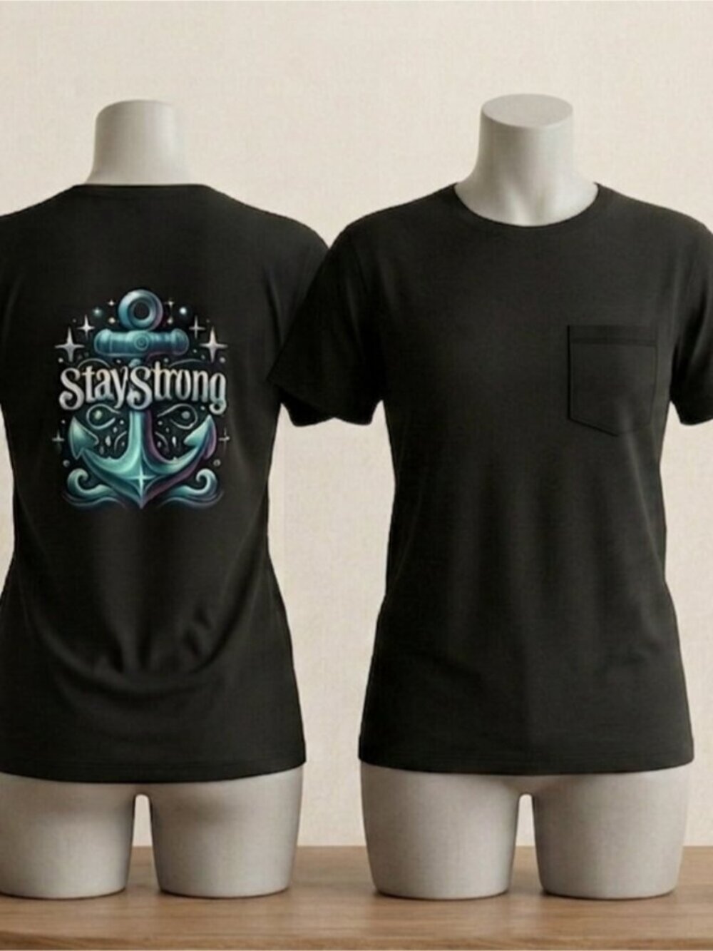 Classic black crew neck t-shirt with graphics